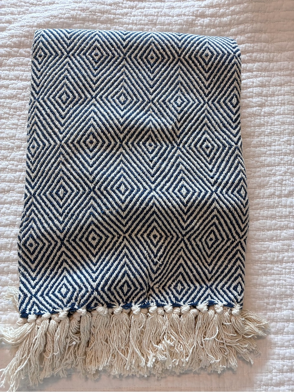 Source Unknown Blue and Cream Geometric Fringe Throw Blanket